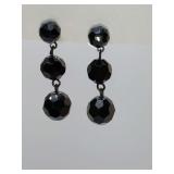 Vintage Austrian Faceted Black Glass Drop Earrings, featuring a graduated three-bead drop design. Jet Black for Pageant, Prom & Special Events