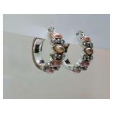 Vintage-style silver-tone hoops adorned with iridescent cabochons and clear stones, by Liz Claiborne, faux pearls or glass cabochons in shades like violet, pink, and amber.