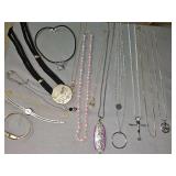 Costume jewelry and two watches. Last two items, necklace and bracelet are sterling silver. Others are unmarked.