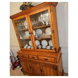 Wooden china cabinet with two glass door top storage, three drawers, two door lower storage. 18.5 x 48 x 73 in tall. Two pieces for easy transport. Contents are NOT included.