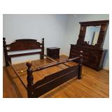 Sears Open Hearth Collection. Queen size bed frame, dresser, and nightstand. Nightstand is 24.25x16x23.5 in tall. Dresser is 60 x 18.75x 75 in tall including hutch. Hutch can be removed for two-piece 