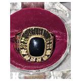 18K yellow gold ring with 6 small diamonds. Size 13 1/5-14. Weight 38.29 grams. See all photos for more information.