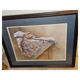 Signed framed print 'Still Life With Quilt' by artist Lou Davenport. 21.5x17.75 in tall.