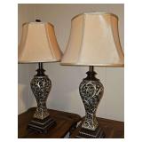 Pair of gold filigree lamps. Lamp on right needs rewired. 29.5 in tall.