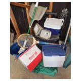 Miscellaneous items as shown in photos. Playmate cooler, Coleman cooler, Rubbermaid cooler, soft side cooler mops and more.
