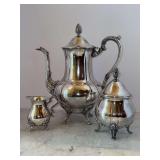 3-piece silverplate tea set - includes 11-1/2” tall Sheridan teapot, 3-1/2” tall Newport Gorham creamer and Sheridan 7” tall sugar bowl