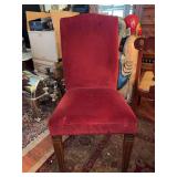Maroon microfiber-type fabric parlor chair - 20-1/2 x 17-1/2 x 18-1/2 tall to seat (40” tall overall) - small spitting on seat