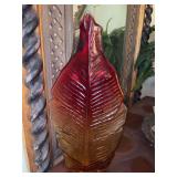 Beautiful red/amber glass leaf design vase - 20” tall