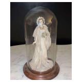 Vintage German Dresden porcelain bride figurine, likely from the early 1900s, featuring intricate lace details - with wood base and glass dome - 9-1/2” tall