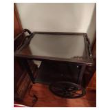 Vintage dark wood tea cart with removable glass tray