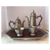 Gorham Pewter Tea and Coffee Serving Set - includes 7-1/4” tall tea pot, 11” tall coffee pot, sugar/creamer set and 17-3/4 x 14 tray with wood bottom