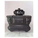 Vintage McCoy pottery 'Wood Burning Stove' cookie jar - 8-5/8 wide x 5-1/2 deep x 9-1/2 tall