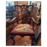 Antique Chippendale Style Centennial Period Mahogany Ball & Claw Chair with beautiful tapestry seating - 28 x 17-1/4 x 18-1/2 tall to seat (40-1/4 tall overall)