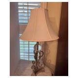 Silver toned scroll pattern lamp with flared shade and glass orb - 28-1/2 tall
