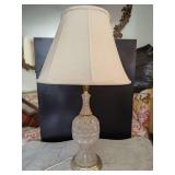 Crystal vase lamp with a flared shade, base has tarnished areas