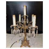 vintage Spanish brass 5-light candelabra table lamp featuring cascading crystal prisms and a gold finish - 17” tall