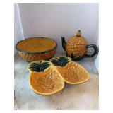 3-piece Pacific Rim Pineapple Design serving set - includes teapot, divided serving tray and centerpiece bowl