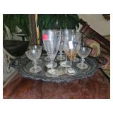 Silverplate serving tray and all stemware