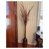 Tall decorative metal floor vase with a turned wood or bamboo look, featuring a dark brown and black finish and filled with artificials - 37-1/2” tall