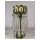 Beautiful Bohemian Green Overlay Glass Lustre - 19th Century - 8-3/4” tall - there is peeling of gold accent - has been repaired (see pics)