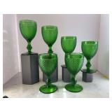Set of (6) Vintage Vista Alegre Bicos green glass wine glasses featuring a diamond point pattern - 6-3/4” tall