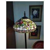Tiffany style floor lamp with leaded rose design stained glass shade and heavy metal base