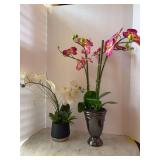 (2) very nice artificial white and pink orchid home decor pieces