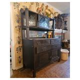 Antique dark wood Welsh dresser or hutch, possibly from the mid-19th century. Missing 1 handle. Middle drawer does not close as it should. OTHER CONTENTS NOT INCLUDED