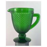 Vintage Vista Alegre Bicos green glass pitcher featuring a diamond point pattern - 8” tall