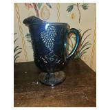 Vintage Indiana Glass Company "Harvest Grape" blue iridescent carnival glass pitcher