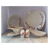 Poppytrail Peach Blossom Metlox Accessory Pieces - includes serving platter, veggie bowl, gravy boat with under tray, divided condiment dish and s/p shakers (1 is blemished)