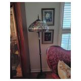 Tiffany style floor lamp with leaded rose design stained glass shade and heavy metal base