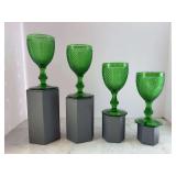 Set of (4) Vintage Vista Alegre Bicos green glass water glasses featuring a diamond point pattern - 6” tall