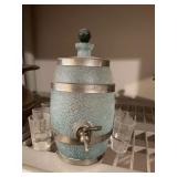 Rare Vintage frosted blue glass liquor-keg decanter with six glasses 7” x 8”