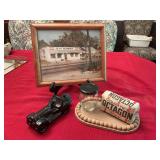 Group of vintage items a DM sundry picture Avon bottle, a litter jar and a bar of vintage Colgate octagon soap