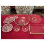 Grouping of cut glass and etched glassware with a couple other glass pieces, including a 2 quart fire king casserole dish