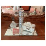 Moss-Rose trinket dresser box with a perfume bottle, a vintage magnifying glass from the grand Bahama hotel, and a bottle of L’Heure  Bleue Eau de Toilette spray