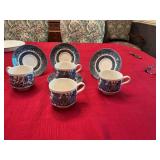Set of four tea cups and saucers, blue and white Churchill-England