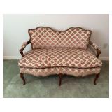 Antique Very cute French settee with pink floral upholstery. 46” x 26” x 28” seat height 17 inches.
