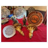 group of miscellaneous decor. The wall shelves are 7” x 8”. The clown is 7 inches tall. The porcelain cat is 4” x 7 1/2”