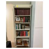 Light gray bookshelf, 26 1/2” x 11 1/2” x 74” contents not included