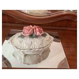 Vintage Karl ENS German porcelain pink rose vanity trinket box 7 1/2” x 4 1/2”