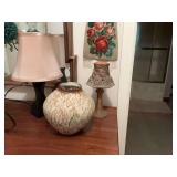 Three decor pieces; 15 inch tall lamp, a ceramic tea light candle lamp that is 6 x 10 1/2 and a brown and cream vase that is 9” x 8”