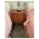 French provincial burl wood nightstand measuring 19“ x 14 1/2“ x 28 inches.