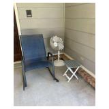 Porch group and include a blue rocking chair, door, craft adjustable fan and a little gray and white folding table. The chair is 25 inches wide and 39 inches tall opened up 14 x 12 x 15.