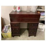 Antique fold out desk. Closed the desk is 35” x 18” x 36”.. with the drawer open it is 27 inches wide. Contents not included. see photos for condition.