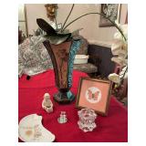 Group of home decor; 23 inch orchid arrangement in metal vase, 6 x 6“ butterfly picture, 2 Crystal figurines,  little boy and a Bishop Stonierpor Elaine  dresser tray 6 1/2” x 4”England