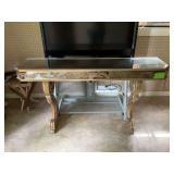 Vintage gold and mirrored table; the green tape is holding the mirror on and the far right side needs reattached