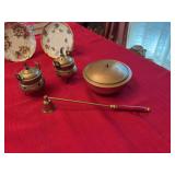 Group of four brass pieces, two incense burners, Korean covered box and candle snuffer