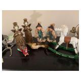 Group of miscellaneous decor pieces, including a vintage white rocking horse. The horse is 12” x 11”. The vintage collegiate angel candle holders are 11 inches tall-hand painted Japan
